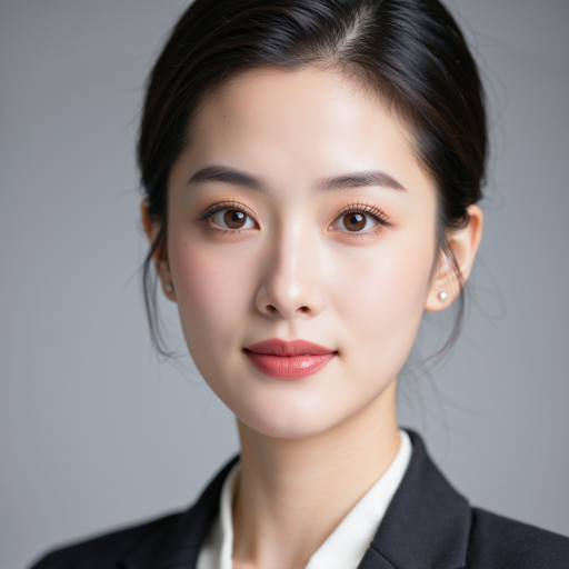 数据科学家头像，二十八岁左右女性，穿浅色衬衫，黑色外套，白色背景，专业学术形象